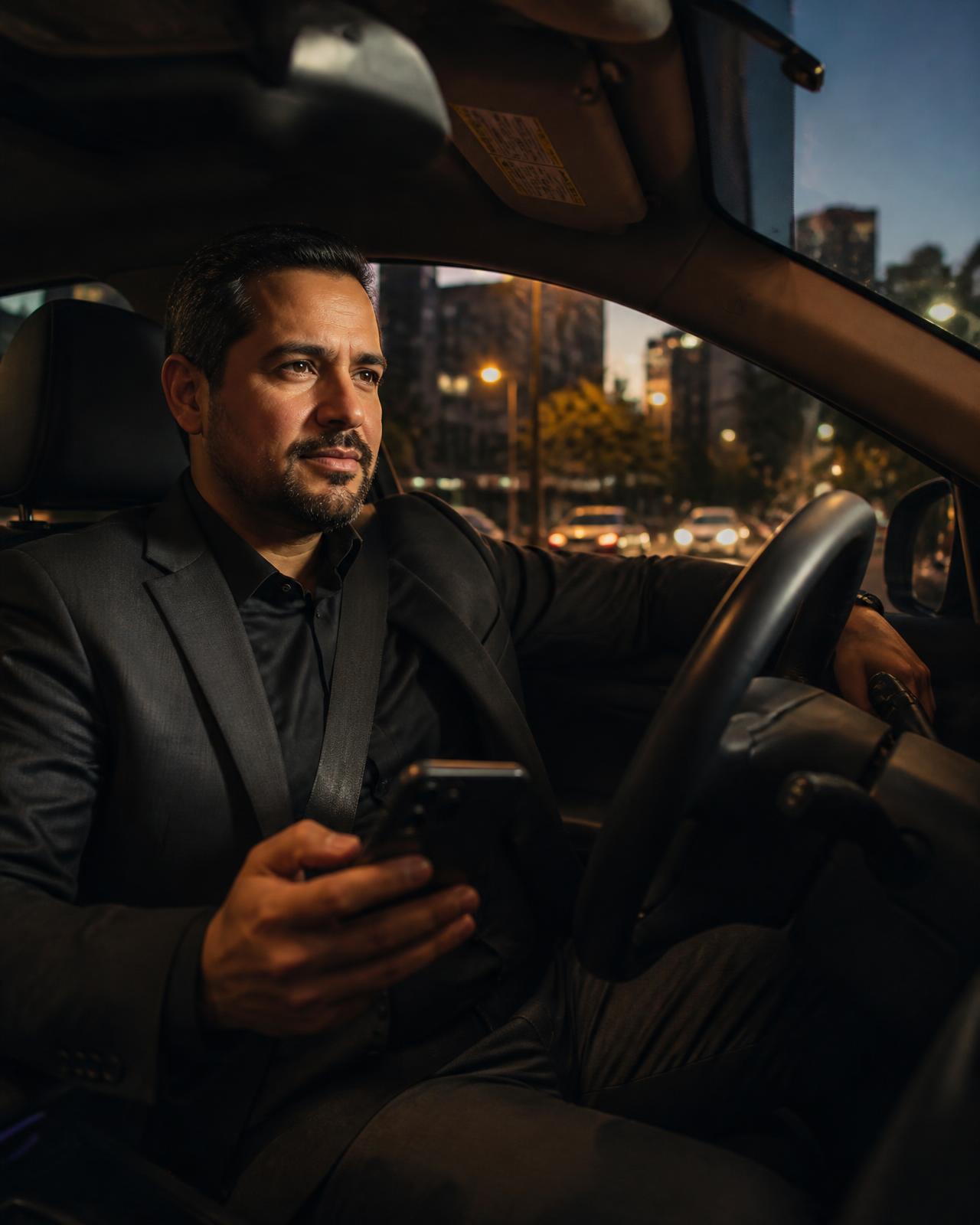 Motorista de aplicativo dentro do carro usando o celular à noite na cidade